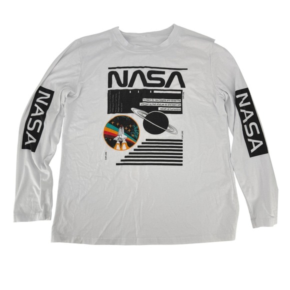 NASA Graphic Long Sleeve Shirt White Space Shuttle Saturn Worm Logo Mens Large